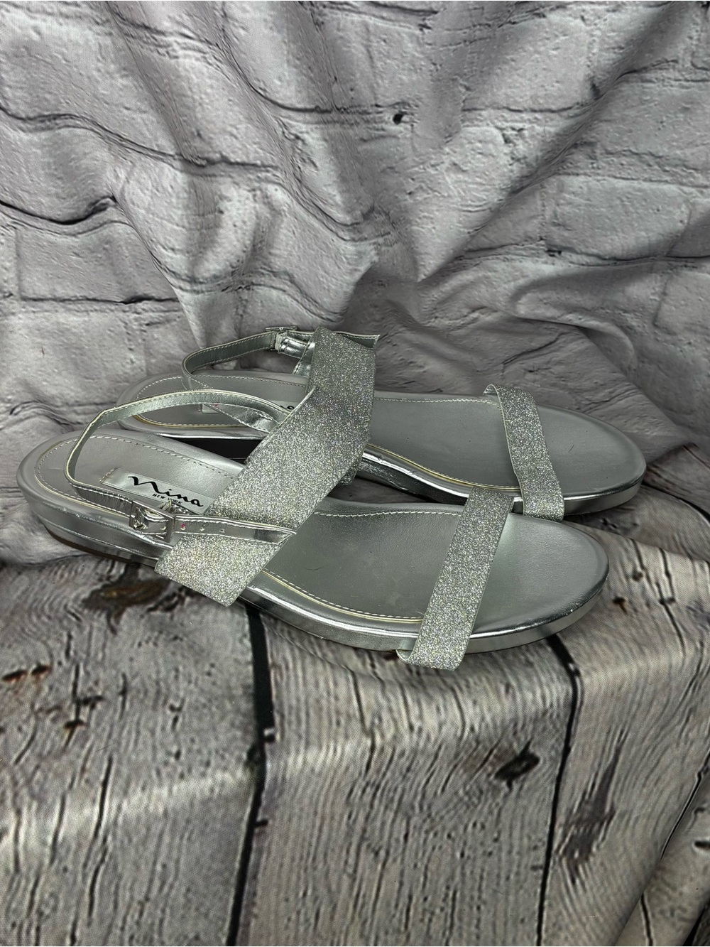 Minimalist Metallic Cybercore Retro Space Age Silver Glitter Strappy‎ Sandals 10